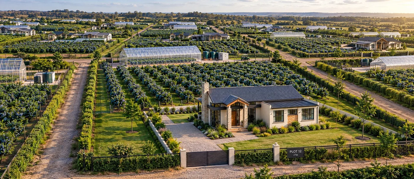 Aerial view at golden hour of a Bedford Estates home on its two-hectare plot, with blueberry rows, greenhouses and neighbouring plots beyond.