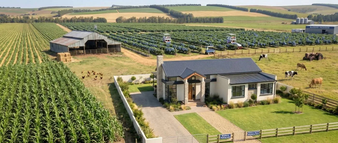 Aerial view of House Type 02 in its working setting: orchard and blueberry rows, a packhouse, a paddock with cattle and a barn beyond the boundary wall.